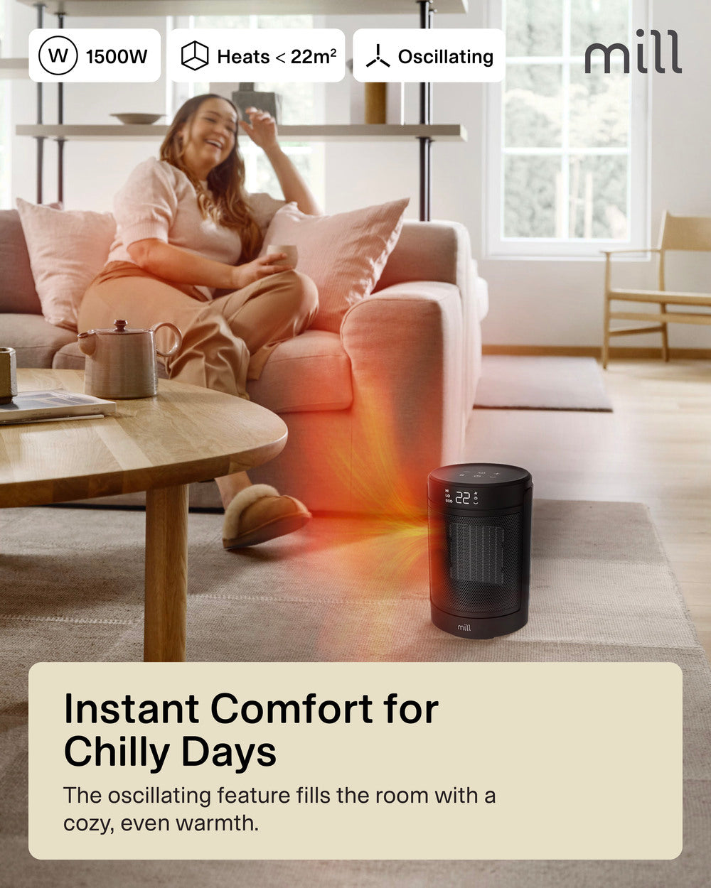 Mill FH1500BLACK | Ceramic fan heater | 1500 W | Suitable for rooms up to 22 m²