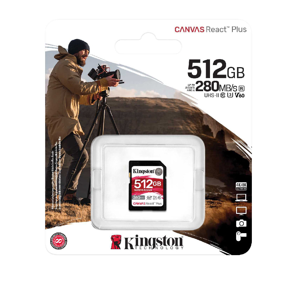 Kingston | Canvas React Plus SDXC Memory Card | 512 GB | UHS-II U3 V60 Class 10 | High Speed 4K Video