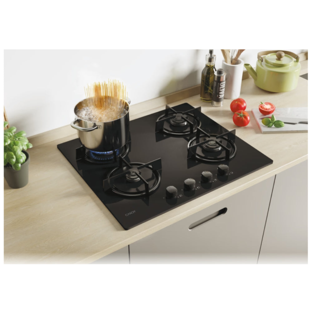 Candy | Gas on Glass Hob | CVW6BB | 4 Cooking Zones | 3 Gas Burners | Knobs | Black