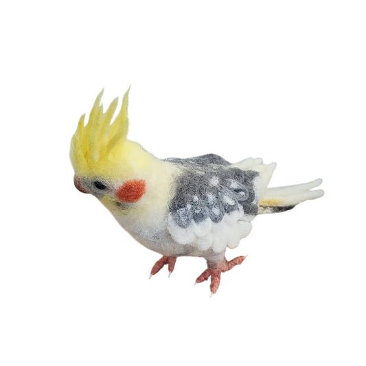 Felted wool sculpture of a Cockateil parrot | Handmade | White/grey