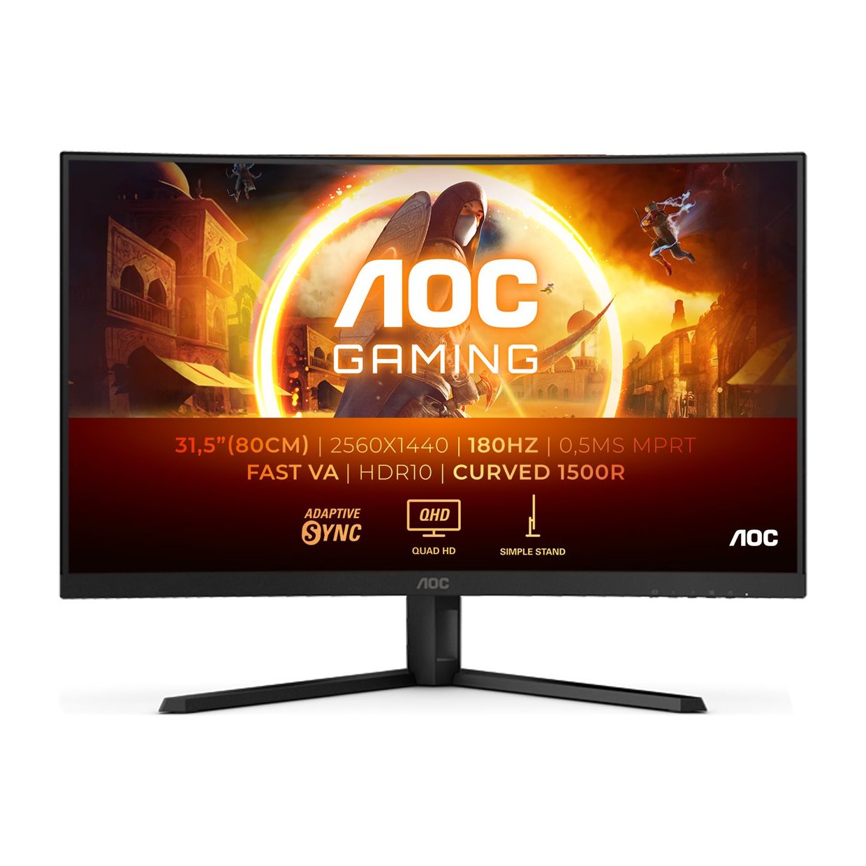 AOC Gaming | CQ32G4VE | 32 in | Fast VA | QHD 2560 x 1440 (DisplayPort: 180 Hz, HDMI: 144 Hz) | 300 cd/m² | 2xHDMI, DisplayPort | Tilt