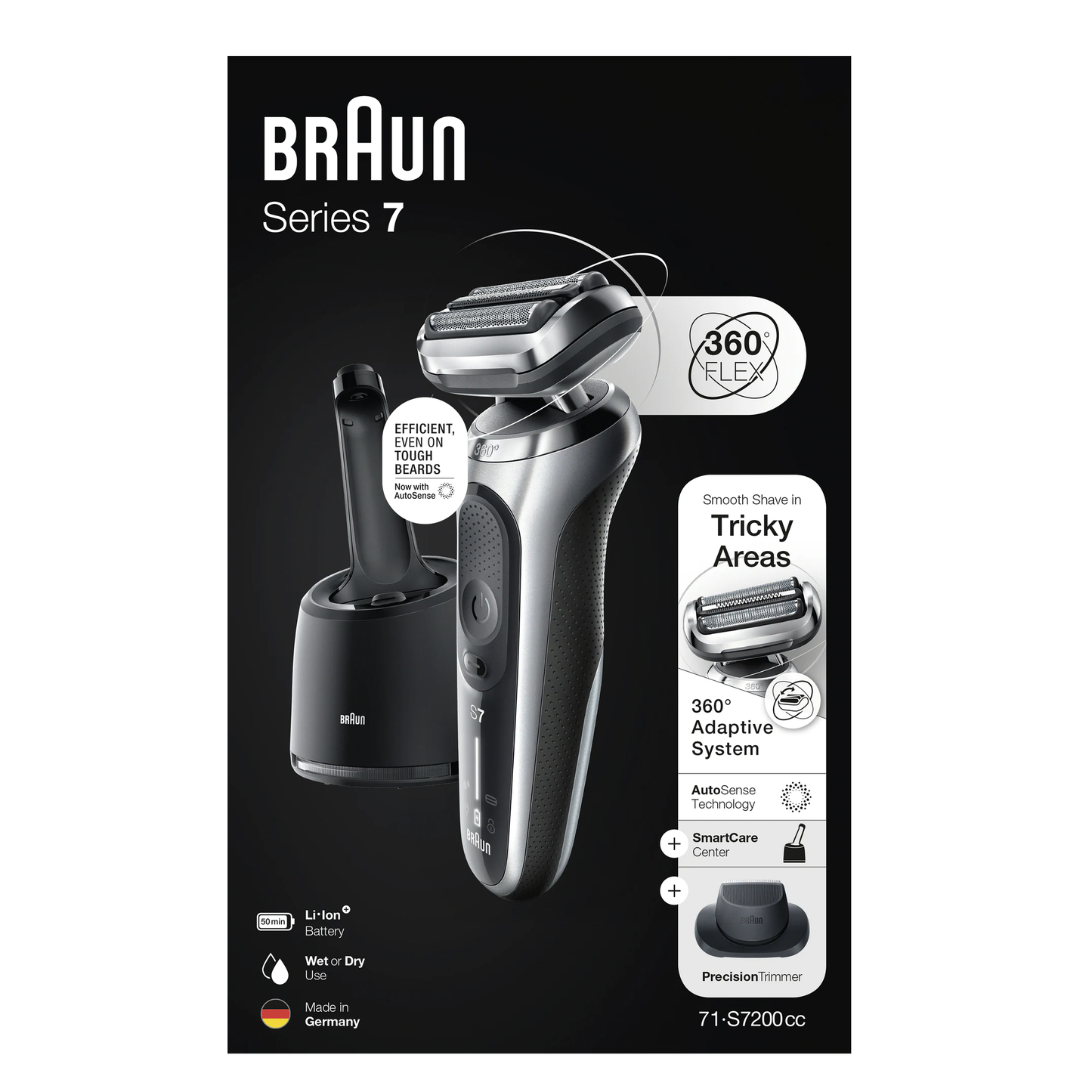 Braun | Shaver | 71-S7200cc | Operating time (max) 50 min | Wet & Dry | Silver/Black