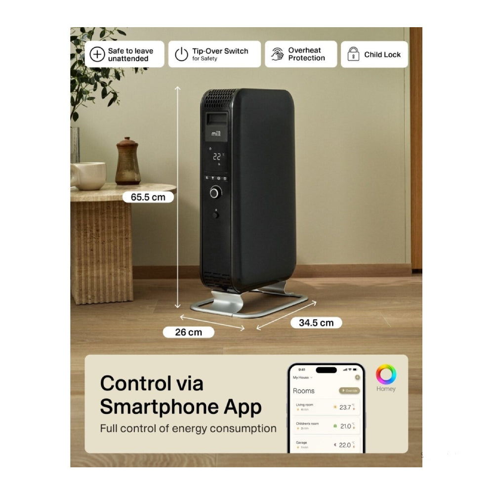 Mill | Heater | OIL1500WIFI3 Gentle Air | Oil Filled Radiator | 1500 W | 3 Power levels | Black