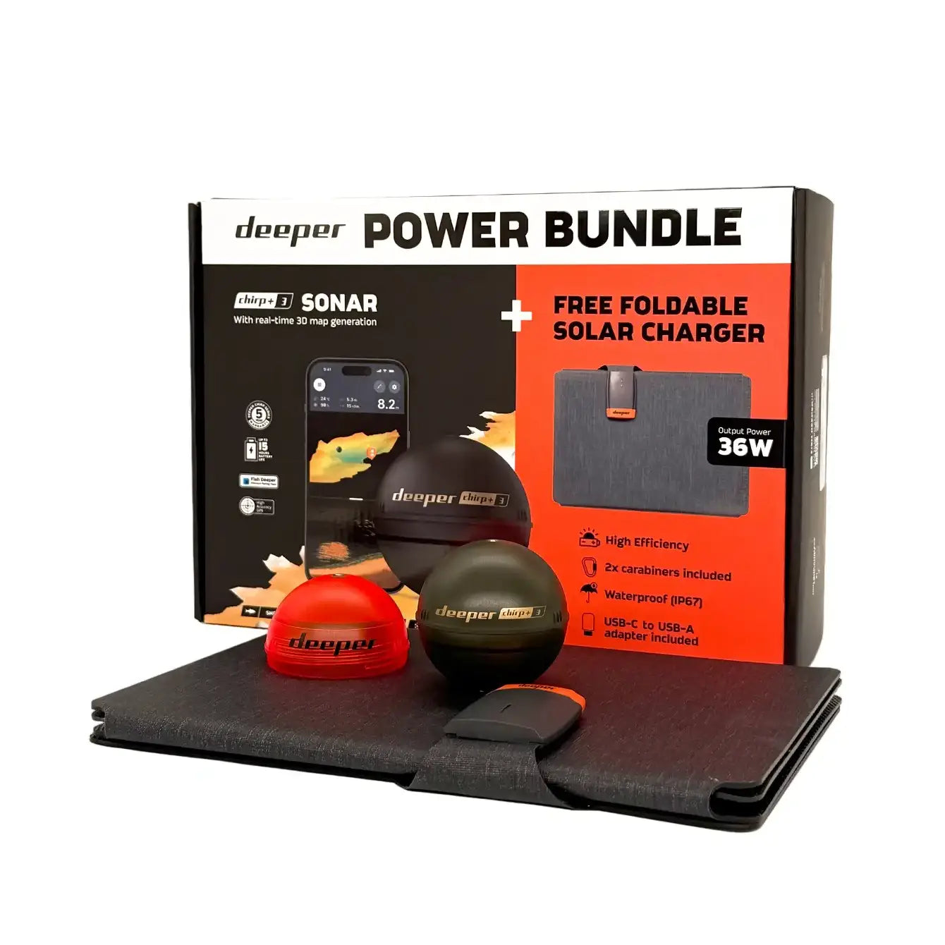 Deeper | CHIRP+3 sonar +36W foldable solar charger power bundle