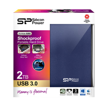 Silicon Power | Armor A80 Portable Hard Drive | 2048 GB | USB 3.0 | Blue | Water-Resistant Rugged Storage