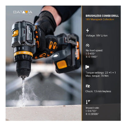 BATAVIA | 7065247 | Brushless Combi Drill | 18V | 70Nm | Solo