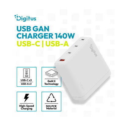 DIGITUS | DA-10305 | Power Adapter | 140W | 3x USB-C | 1x USB-A | White