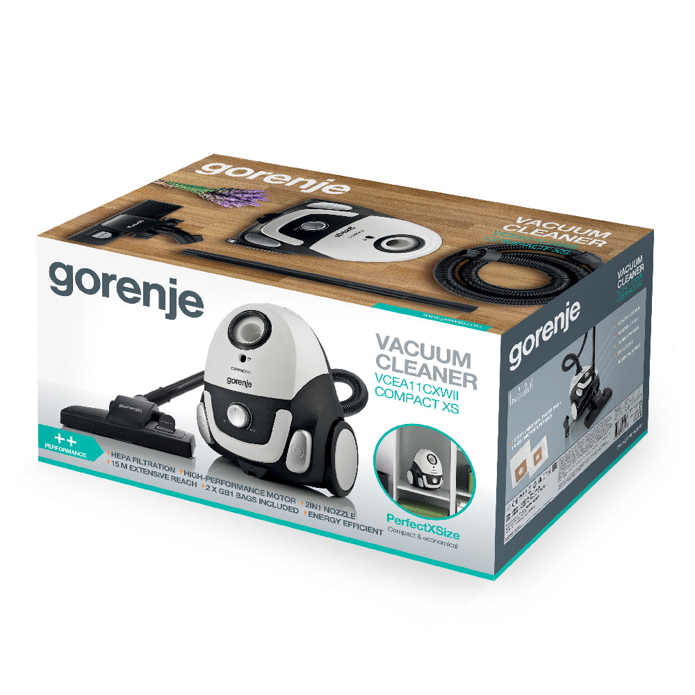 Gorenje | VCEA11CXWII | Canister Vacuum Cleaner | Compact XS | 750W | Bag 2L | HEPA | White