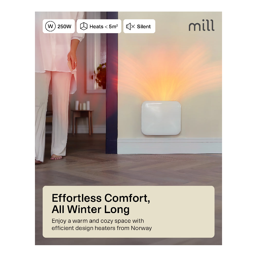 Mill | IB250 Steel | Panel Heater | 250W | Suitable for 2-5 m² | Digital Thermostat | IPX4 | White