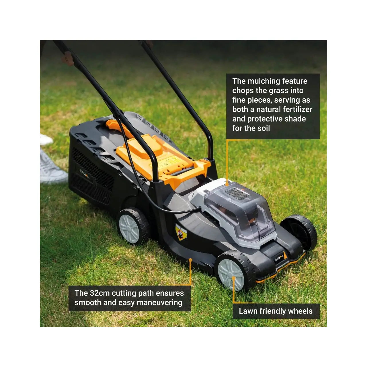 Batavia B.V. | 18V Cordless Lawn Mower, 32 cm, Without battery and charger | Mowing Area 200 m²