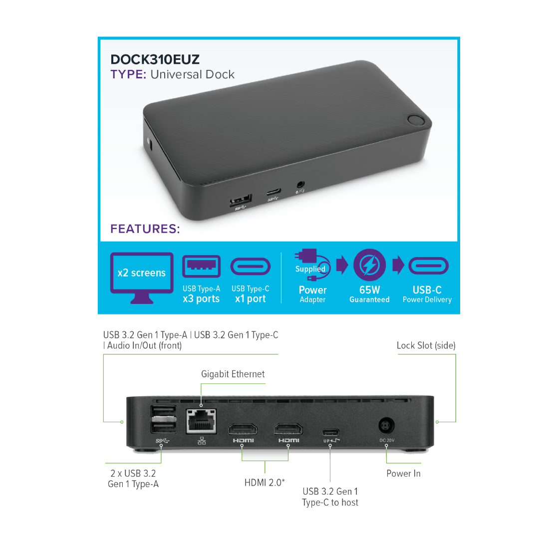 Targus | Universal DisplayLink USB-C Dual 4K HDMI Docking Station with 65 W Power Delivery | DOCK310EUZ | USB-C Docking Station | Black