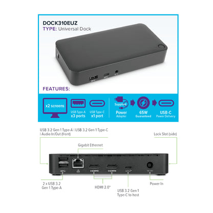 Targus | Universal DisplayLink USB-C Dual 4K HDMI Docking Station with 65 W Power Delivery | DOCK310EUZ | USB-C Docking Station | Black