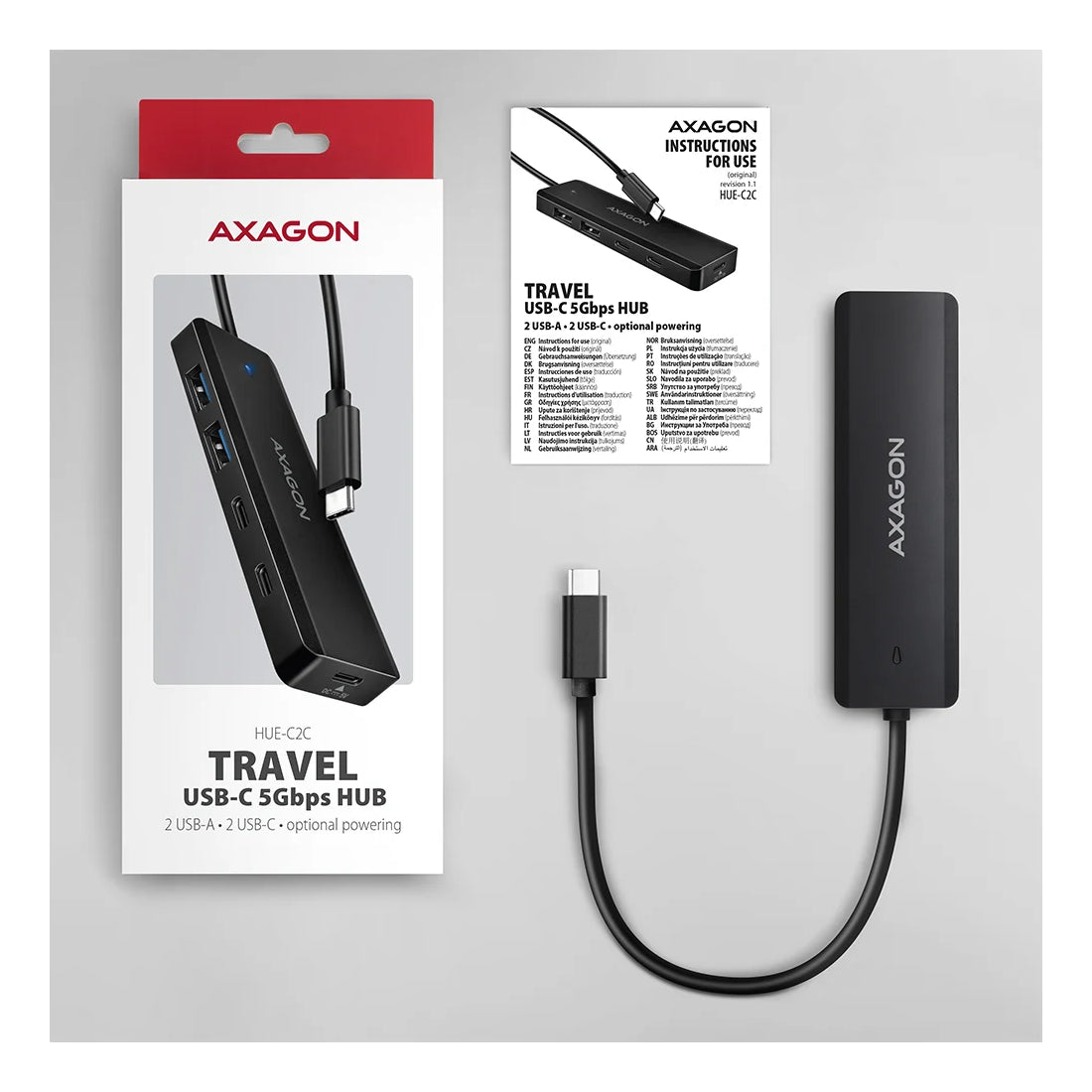 AXAGON | HUE-C2C | USB-C Travel Hub | 5 Gbps | 2×USB-A | 2×USB-C | Black