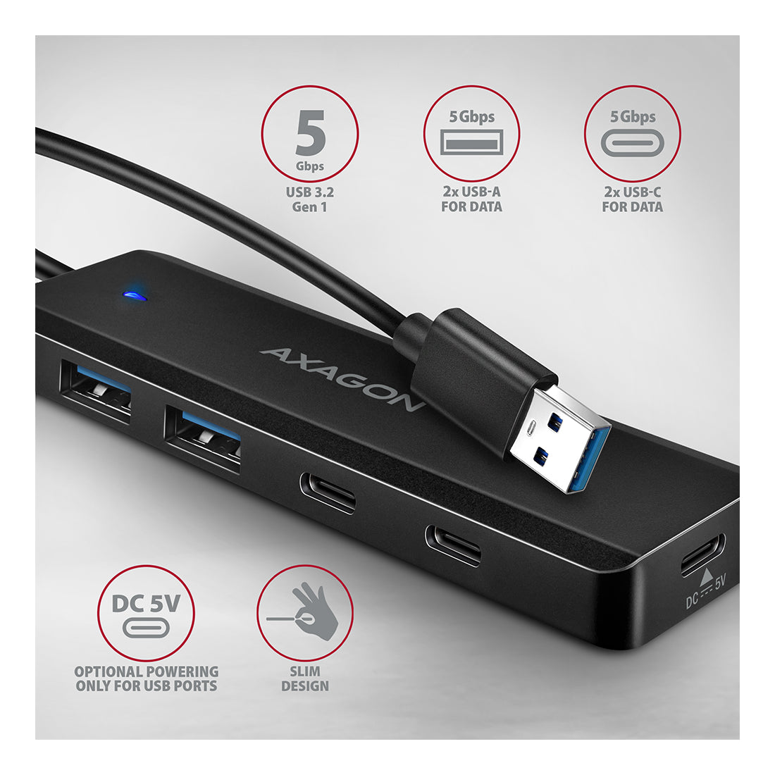 AXAGON | HUE-C2A TRAVEL | USB-A Hub | 5 Gbps | 2×USB-A | 2×USB-C | Black