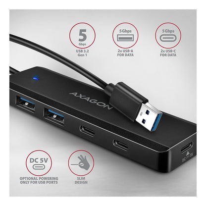 AXAGON | HUE-C2A TRAVEL | USB-A Hub | 5 Gbps | 2×USB-A | 2×USB-C | Black
