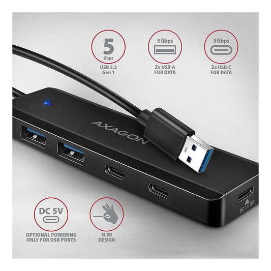 AXAGON | HUE-C2A TRAVEL | USB-A Hub | 5 Gbps | 2×USB-A | 2×USB-C | Black