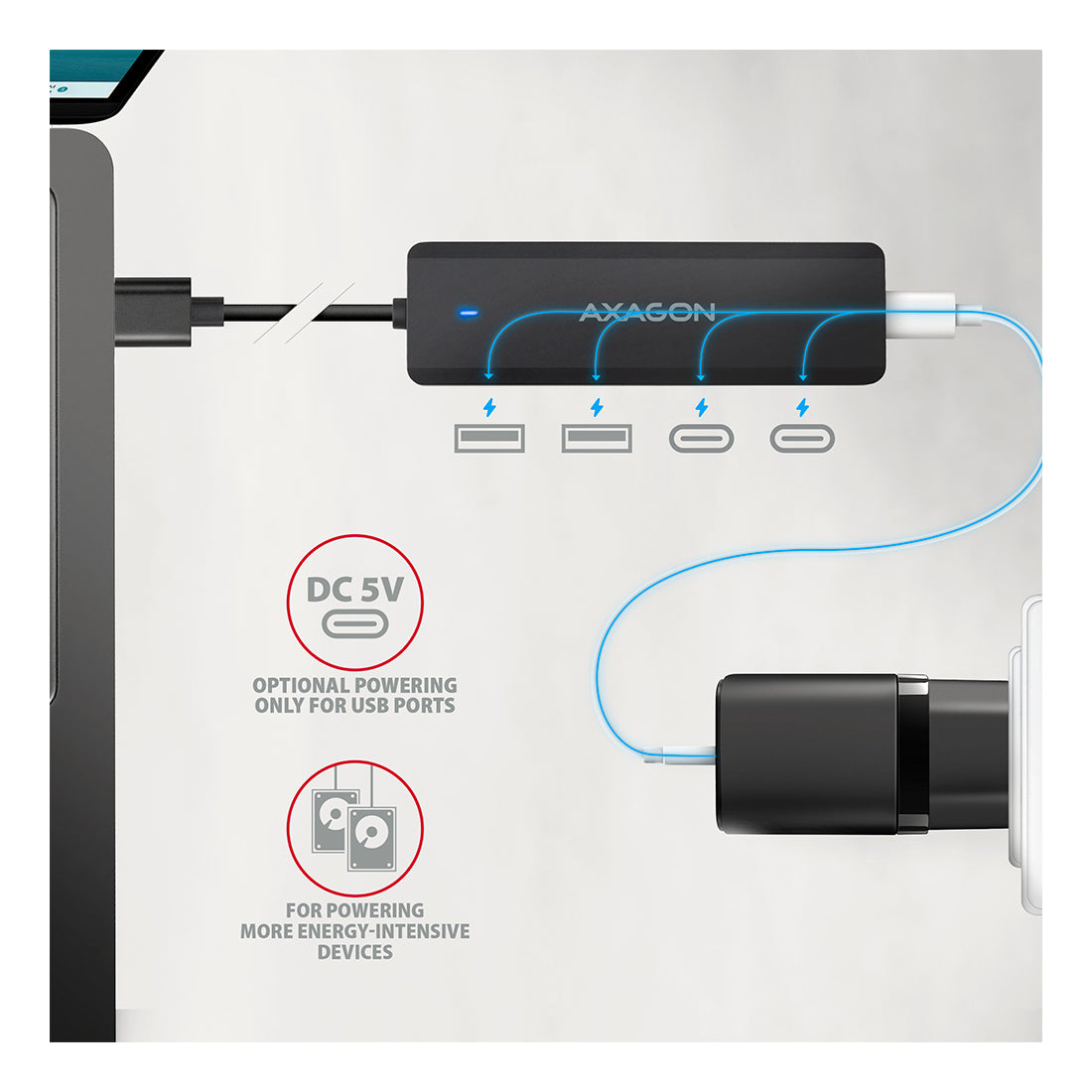 AXAGON | HUE-C2A TRAVEL | USB-A Hub | 5 Gbps | 2×USB-A | 2×USB-C | Black