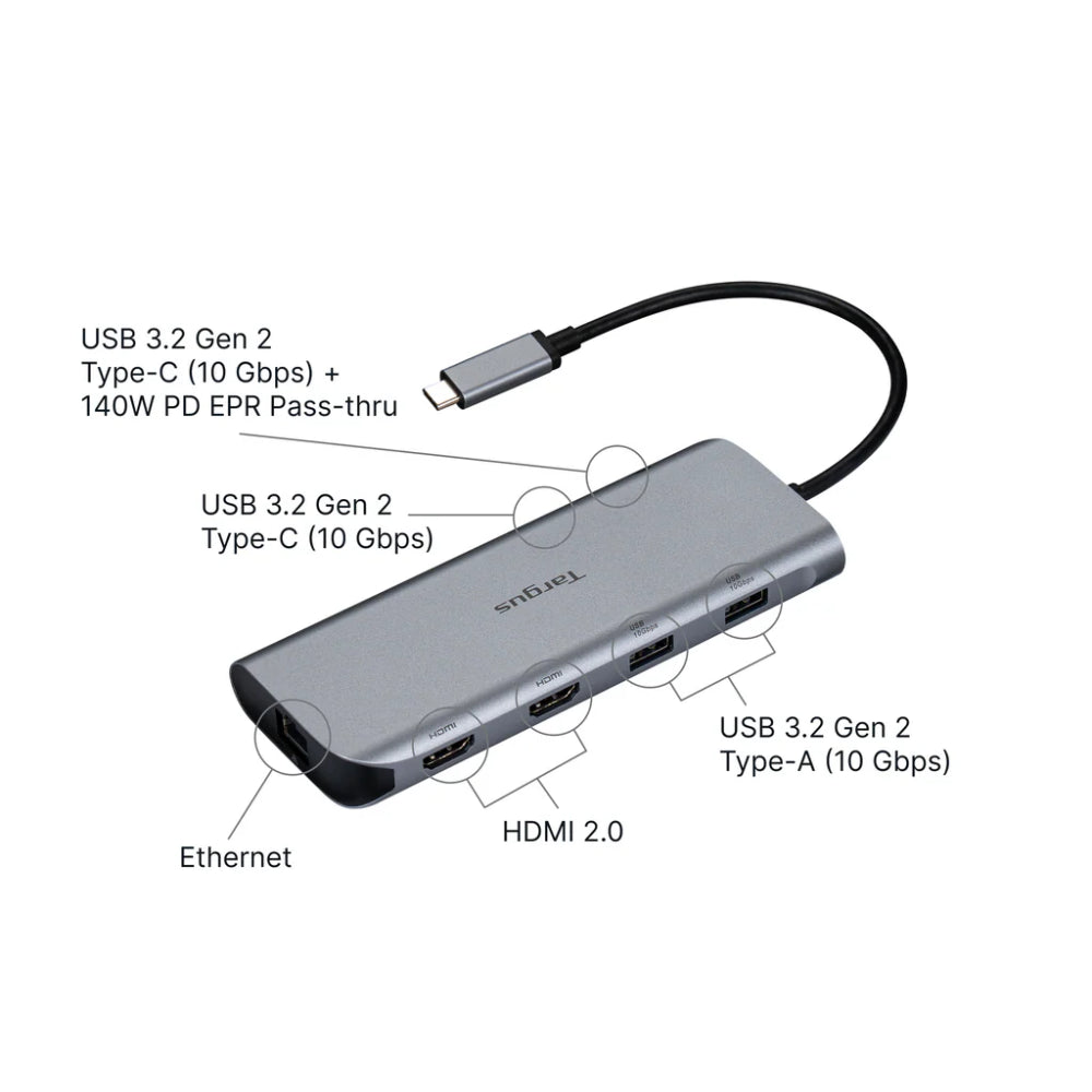 Targus | Dual Video Mobile Dock | DOCK427GL | USB-C Docking Station | Dual HDMI | 140W EPR Pass-Through | Silver