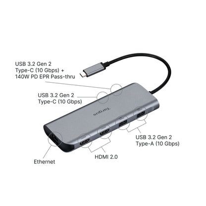 Targus | Dual Video Mobile Dock | DOCK427GL | USB-C Docking Station | Dual HDMI | 140W EPR Pass-Through | Silver