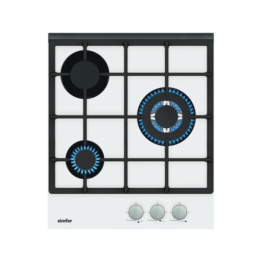Simfer | H4.305.HGSBB | Gaskochfeld | 3 Kochzonen | Wokbrenner | Elektrische Zündung | Flammenüberwachung | Glas | Weiß