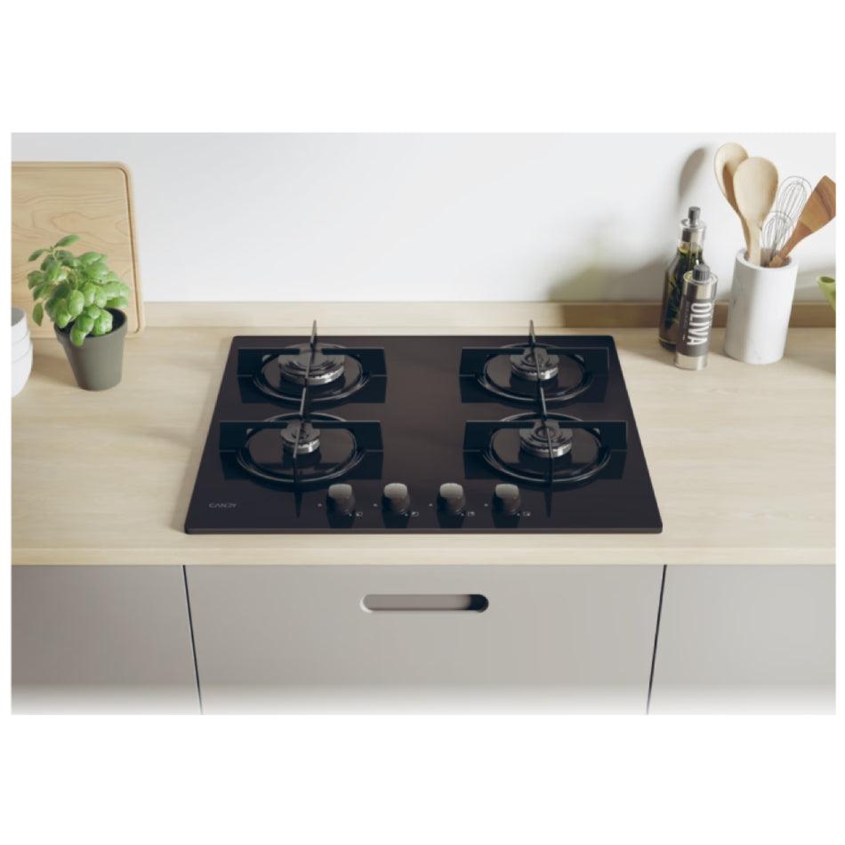 Candy | Gas on Glass Hob | CVW6BB | 4 Cooking Zones | 3 Gas Burners | Knobs | Black