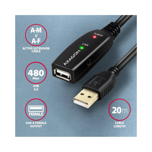 AXAGON | USB extension cable | 4 pin USB Type A | Male | Female | 20 m | Black