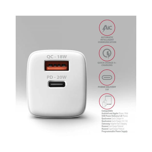 AXAGON | Wallcharger 2x port (USB-A + USB-C) | 20W | White