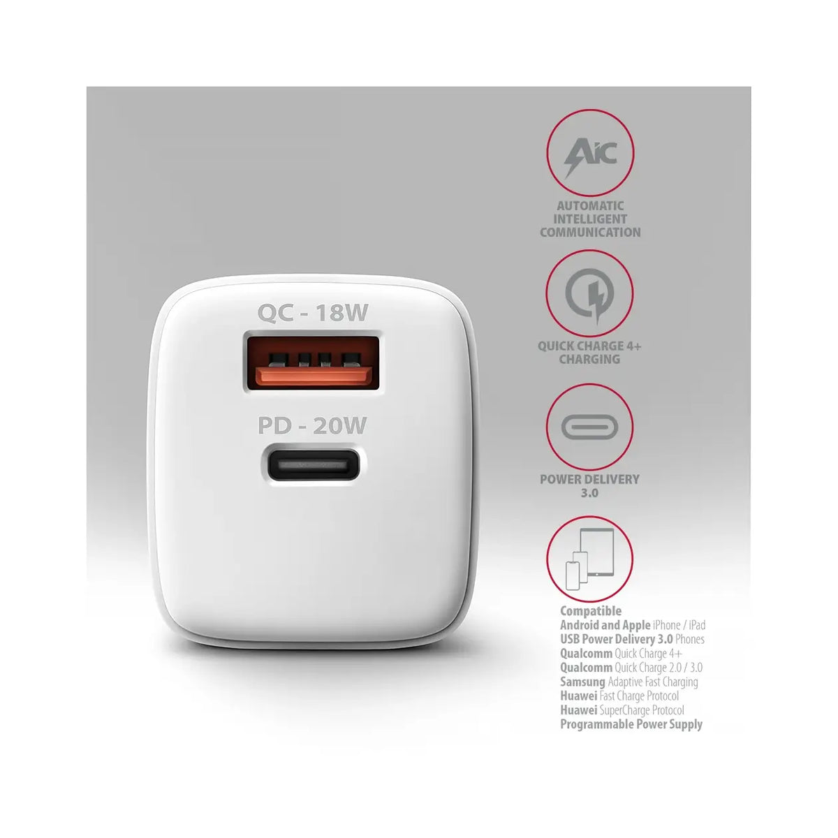 AXAGON | Wallcharger 2x port (USB-A + USB-C) | 20W | White