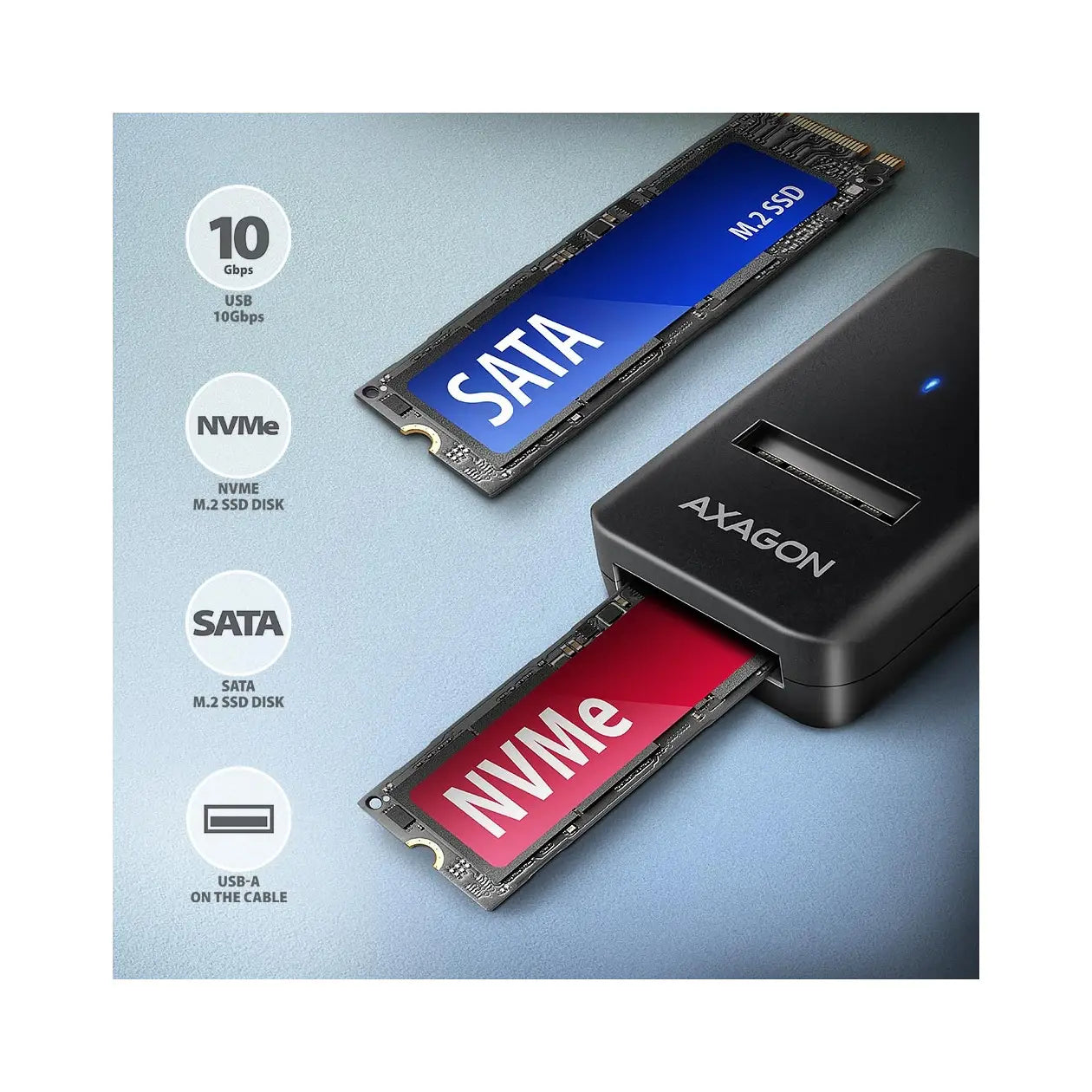 AXAGON | M.2 NVMe & SATA SSD adapter | ADM2-AM | USB-A | 10 Gbps