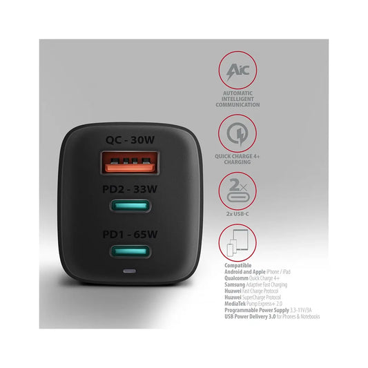AXAGON | GaN wallcharger 3x port (USB-A + 2x USB-C) | 65W | ACU-DPQ65