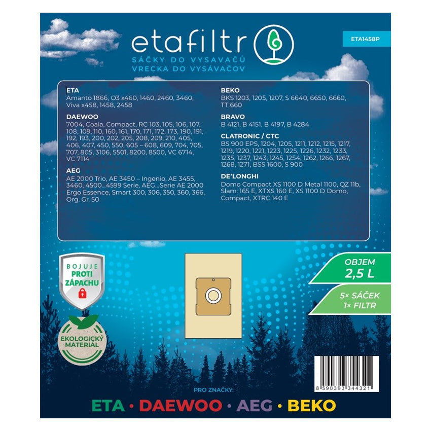 ETA | ETA1458P | Vacuum Cleaner Dust Bags | 5 Bags + Filter | 2.5 L | Brown