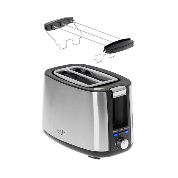 Adler | AD 3214 | 900 W | 2-Slice Toaster | Stainless Steel | Black | Silver