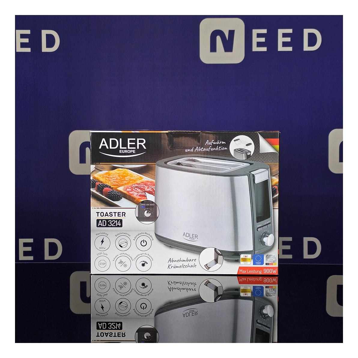 Adler | AD 3214 | 900 W | 2-Slice Toaster | Stainless Steel | Black | Silver