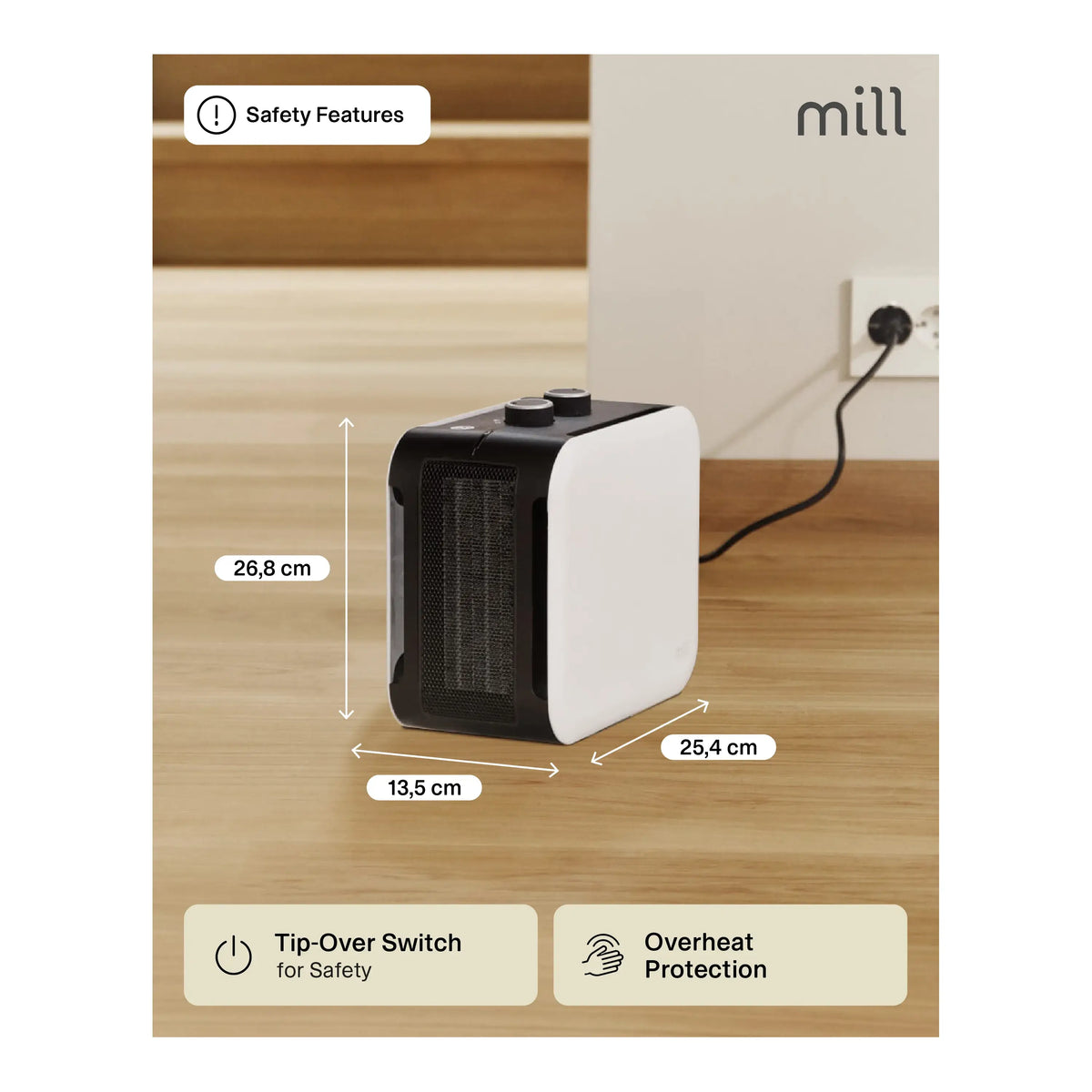 Mill | Compact PTC Fan Heater | CUS1800MECW | 1800 W | White