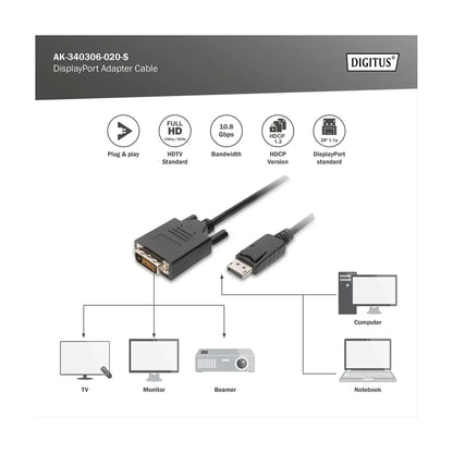 Digitus | 24+1 pin digital DVI | Male | 20 pin DisplayPort | Male | Black