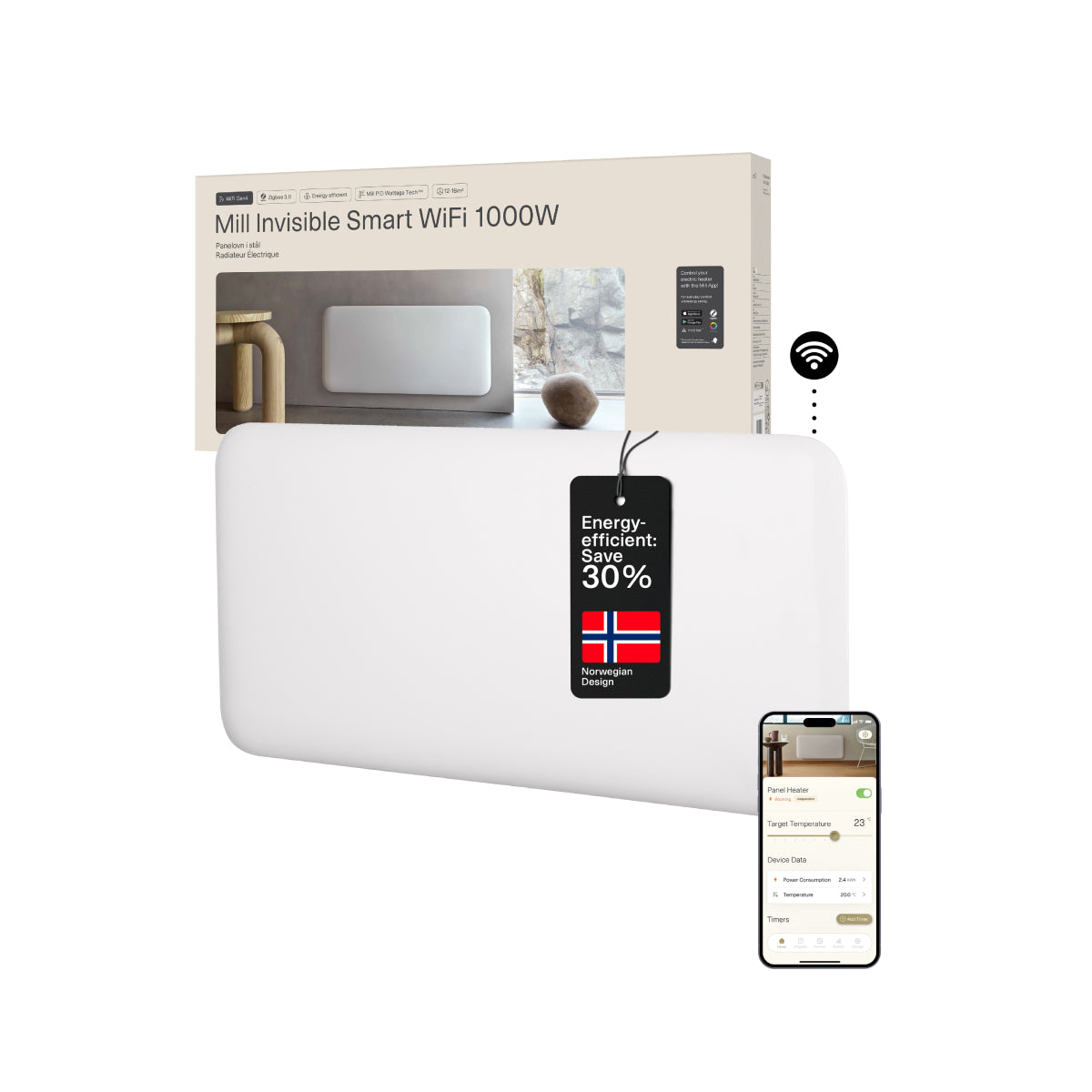 Mill | PA1000WIFI4 | Invisible Smart WiFi Panel Heater | 1000 W | 12–16 m² | White | IPX4