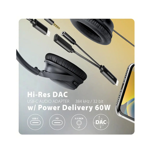 AXAGON | ADA-HCPD USB-C Hi-Res DAC Audio Adapter | USB-C to 3.5mm / USB-C | 60 W PD | Black