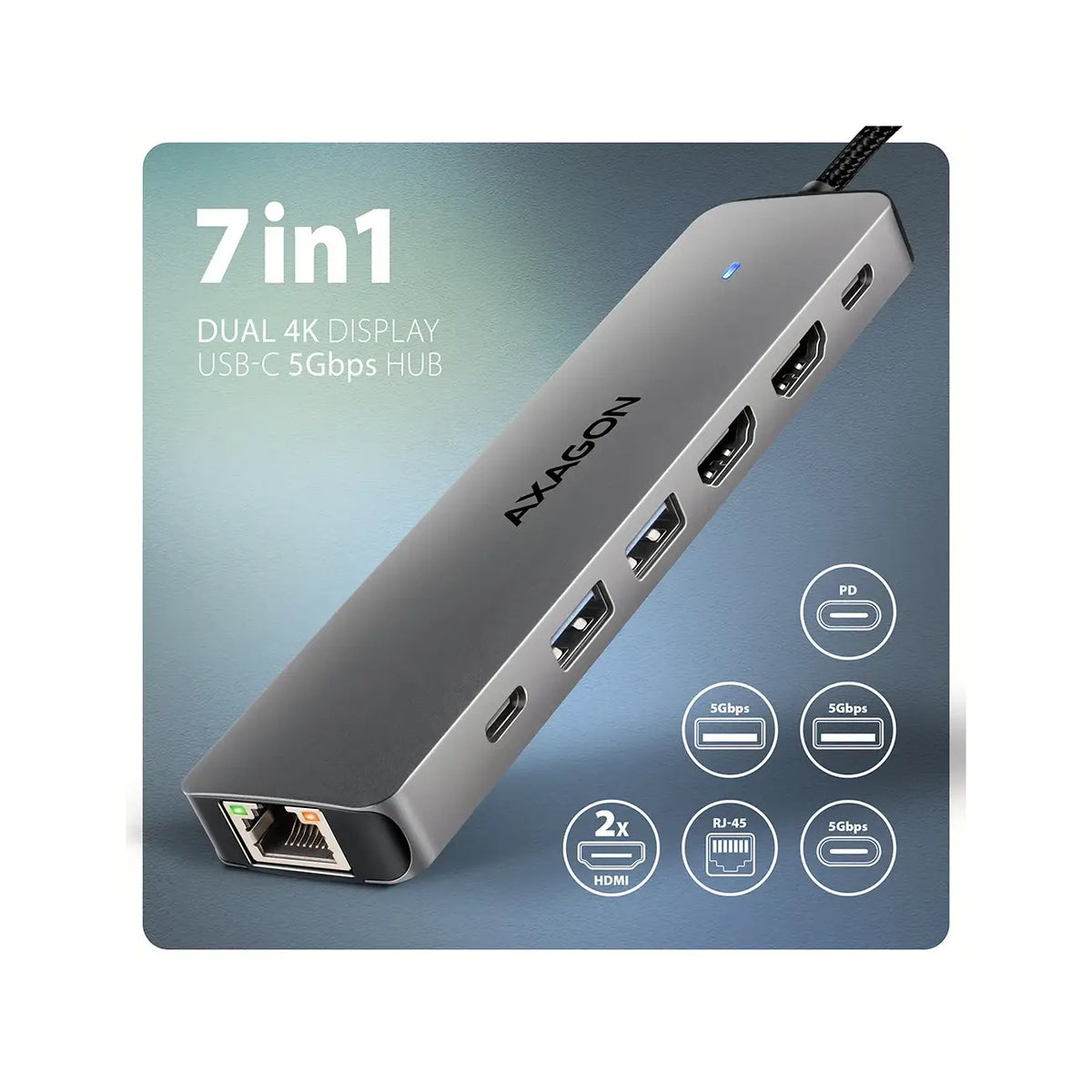 AXAGON | Docking station | DUAL 4K DISPLAY 7in1 Hub | HMC-7HX2 | 100 W | Grey