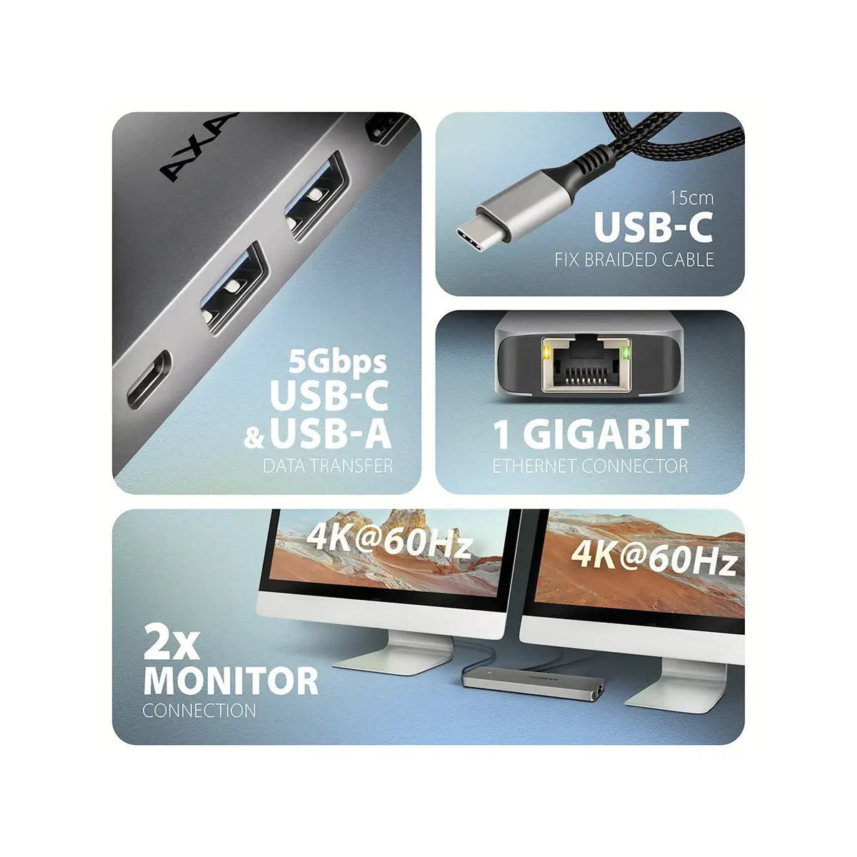 AXAGON | Docking station | DUAL 4K DISPLAY 7in1 Hub | HMC-7HX2 | 100 W | Grey