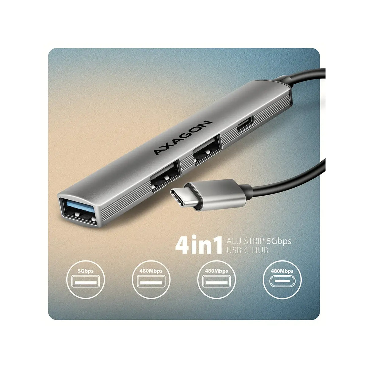 AXAGON | HUE-STC ALU STRIP USB-C 4-Port Hub | USB-C to USB-A / USB-C |  Silver