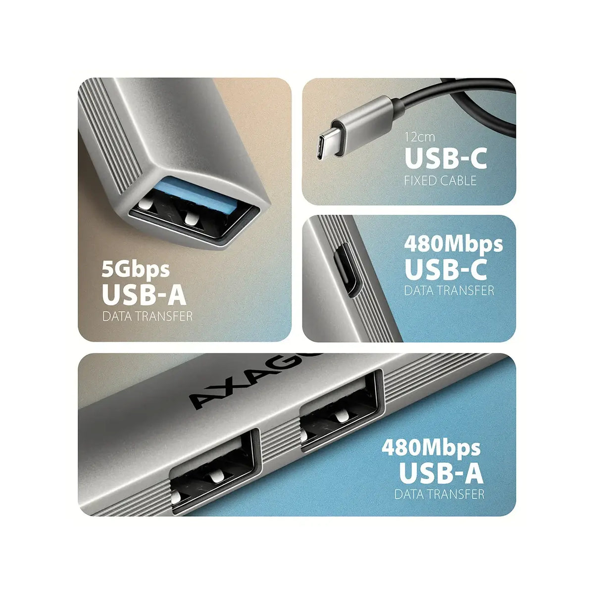AXAGON | HUE-STC ALU STRIP USB-C 4-Port Hub | USB-C to USB-A / USB-C |  Silver