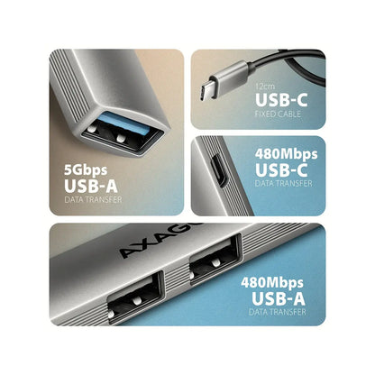 AXAGON | HUE-STC ALU STRIP USB-C 4-Port Hub | USB-C to USB-A / USB-C |  Silver