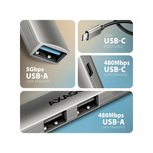 AXAGON | HUE-STC ALU STRIP USB-C 4-Port Hub | USB-C to USB-A / USB-C |  Silver