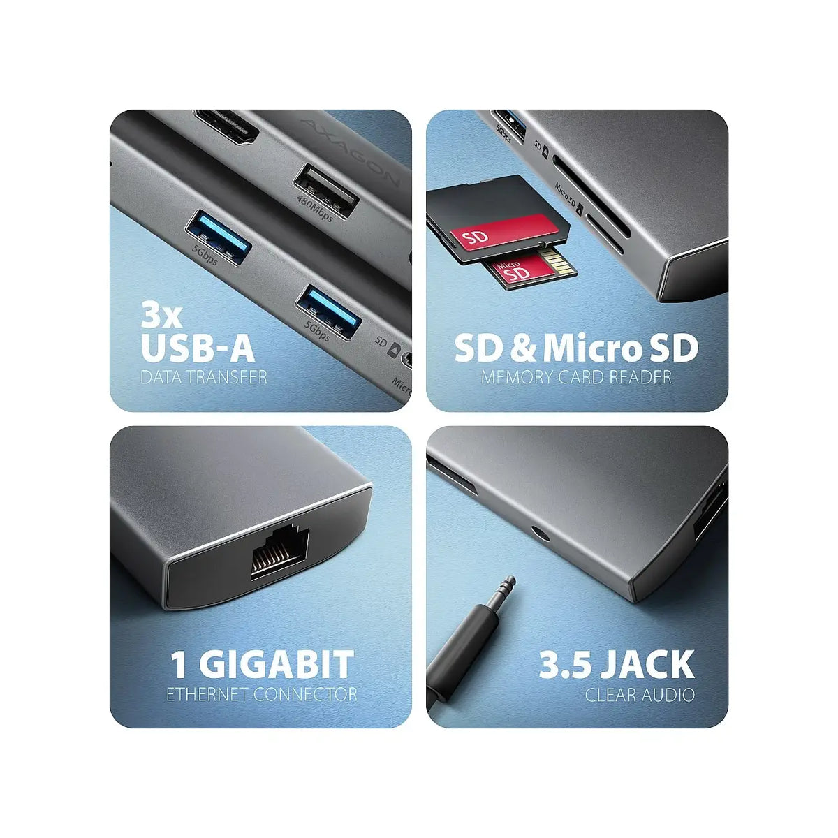 AXAGON | Docking station | HMC-8HLSA Multiport 9in1 USB-C Hub | 100 W | Grey