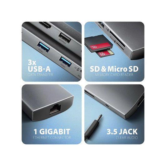 AXAGON | Docking station | HMC-8HLSA Multiport 9in1 USB-C Hub | 100 W | Grey