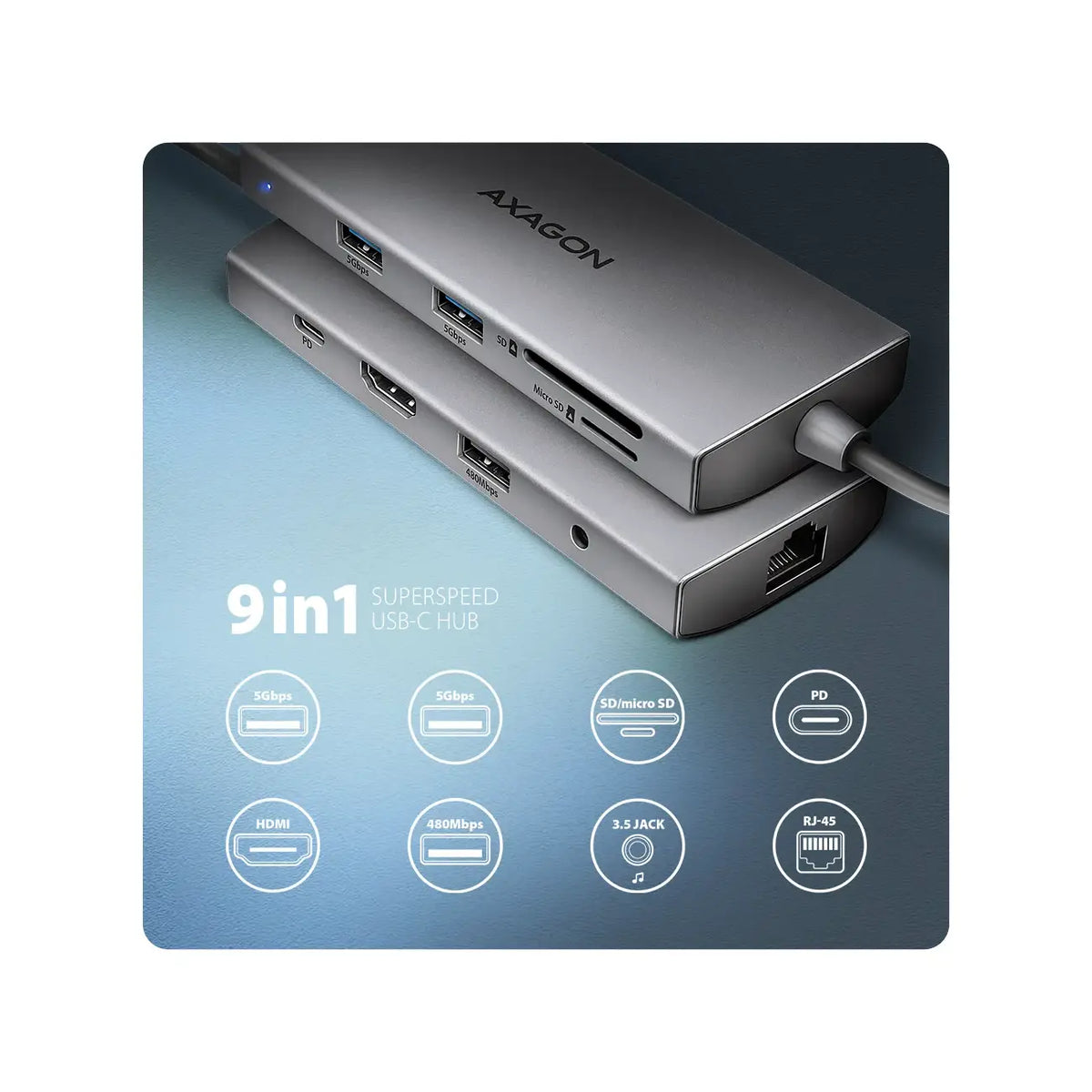 AXAGON | Docking station | HMC-8HLSA Multiport 9in1 USB-C Hub | 100 W | Grey