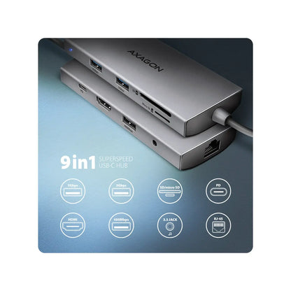 AXAGON | Docking station | HMC-8HLSA Multiport 9in1 USB-C Hub | 100 W | Grey