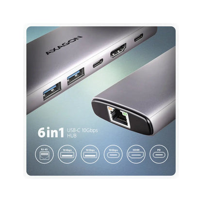 AXAGON | Docking station | HMC-6G2L SPEEDSTER 6in1 USB-C Hub | 100 W | Grey