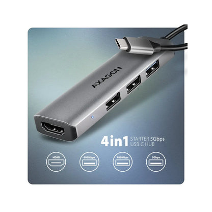 AXAGON | Docking station | HUE-H3A STARTER 4in1 USB-C Hub | Grey
