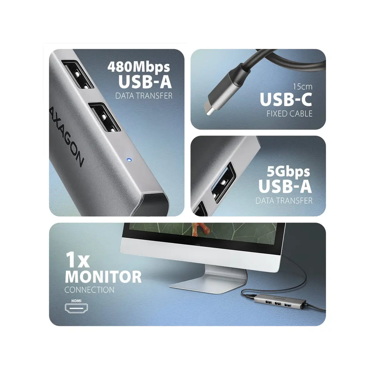 AXAGON | Docking station | HUE-H3A STARTER 4in1 USB-C Hub | Grey